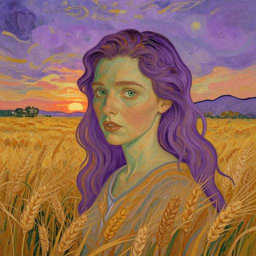 Vibrant digital painting of a young woman with long purple hair, green eyes, and fair skin, standing in a golden wheat field at sunset,