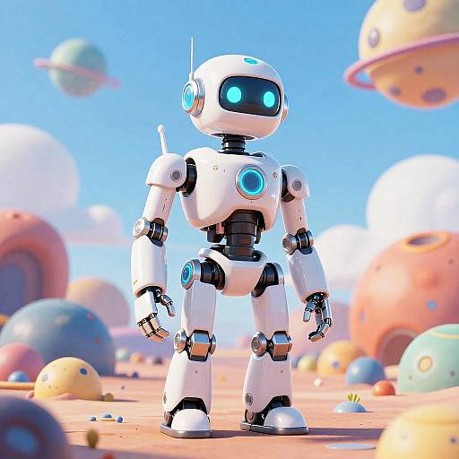 CGI image of a white, humanoid robot with blue glowing eyes, standing in a colorful, planet-filled desert under a bright blue sky.