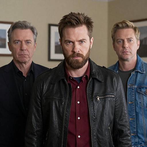 Three Men Indoors with Serious Expressions