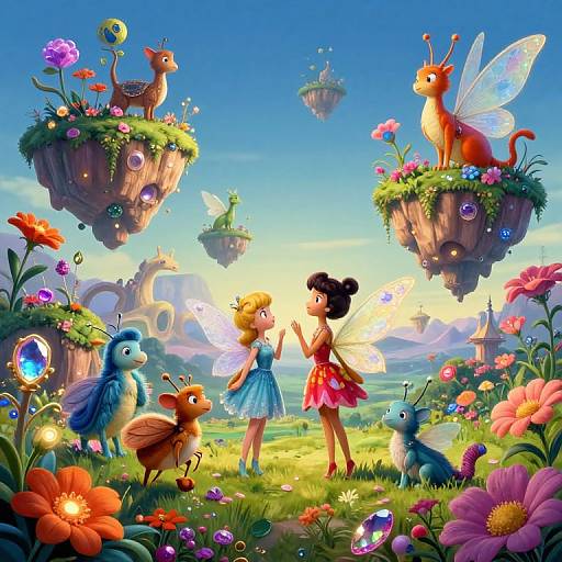 Whimsical digital illustration: Two fairy girls with wings, one blonde, one black-haired, stand in a vibrant flower-filled meadow, surrounded by