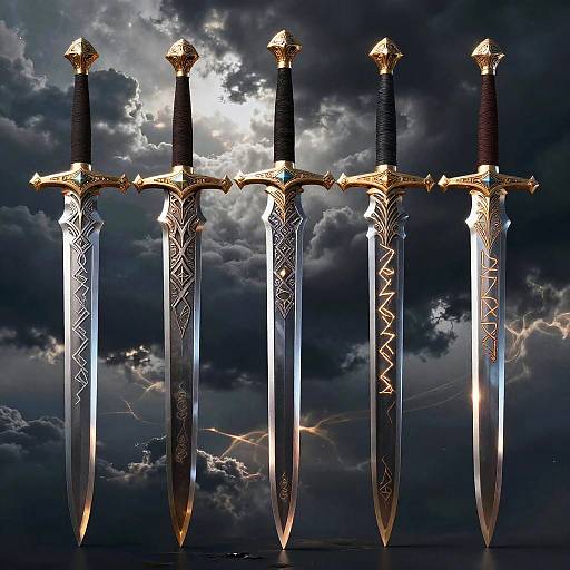 Photograph of four ornate, silver swords with intricate engravings, black hilt grips, and gold-accented pommels, standing