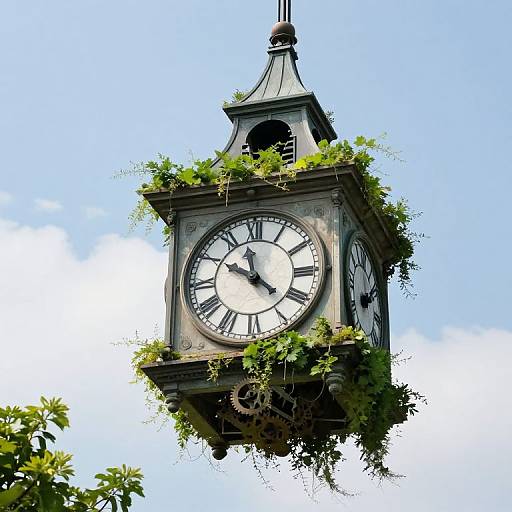 Photograph of an old, weathered clock tower with ivy growing on its sides, showing a white clock face with black Roman numerals, against
