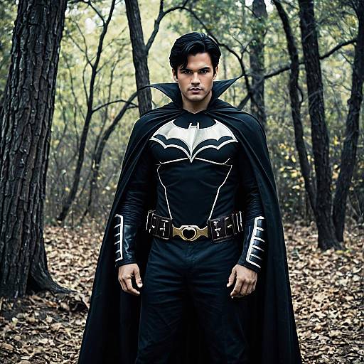 Man in Black Superhero Costume in Forest