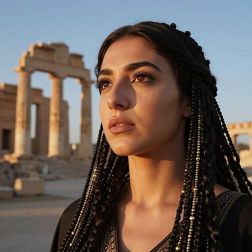 Photograph of a young woman with dark braids, brown eyes, and full lips, standing in front of ancient Roman ruins at sunset, with golden