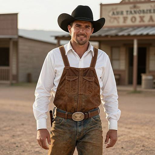 Photograph of a smiling, bearded man in a black cowboy hat, white shirt, brown suspenders, and jeans, standing in front of a