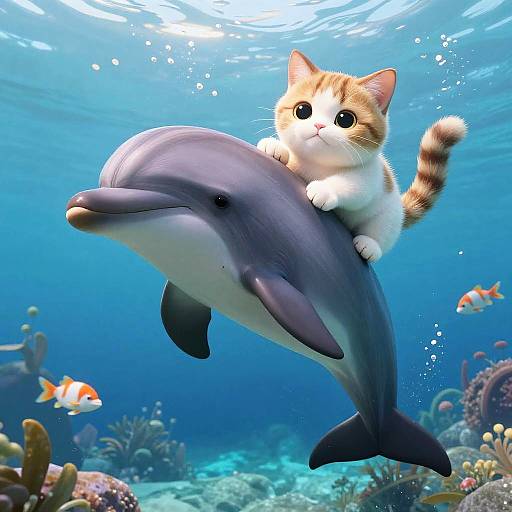 Whimsical Dolphin Cat Underwater Fantasy