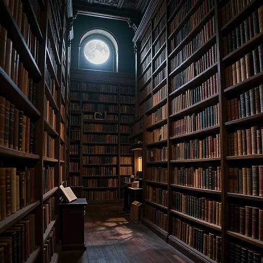 Photograph of a dimly lit, narrow library aisle with towering, dark wooden bookshelves filled with books, illuminated by a circular window at the