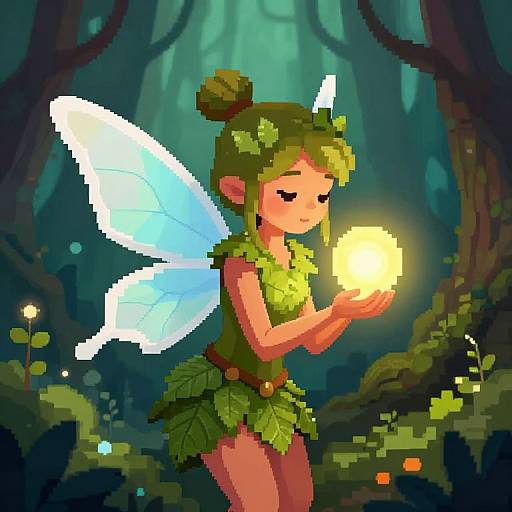 Pixel art fairy with green leaves dress and white wings gently holding glowing orb in enchanted forest. Soft glow illuminates her serene expression.