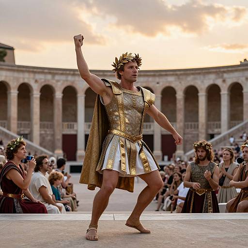 Photograph of a muscular male gladiator in golden armor and crown, raising his fist in a Roman amphitheater at sunset.