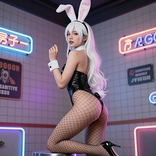 Neon Bunny Woman in Black Costume