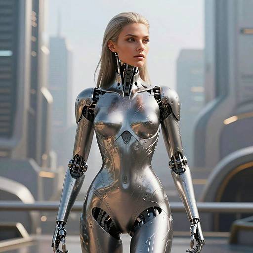 CGI image of a silver, robotic, futuristic woman with long blonde hair standing in a high-tech cityscape, wearing a form-fitting, metallic