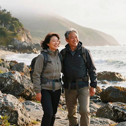 Photograph of a smiling Asian couple, middle-aged, hiking on rocky coastal trail with ocean and sunlit hills in background. Both wear outdoor gear,