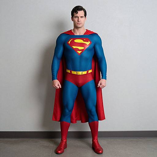 Photograph of a muscular man in full Superman costume, blue bodysuit, red cape, yellow belt, red boots, standing against plain gray wall