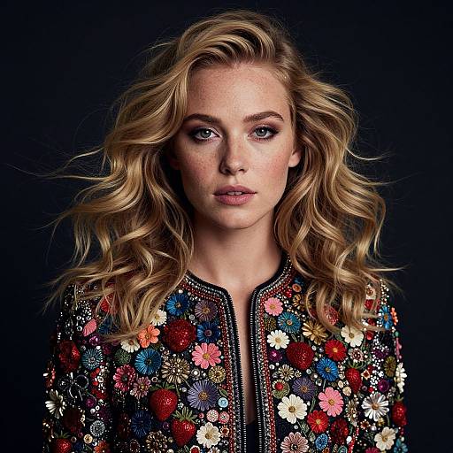 Photograph of a blonde woman with wavy hair, wearing a floral embroidered jacket, against a dark background, staring directly at the camera.