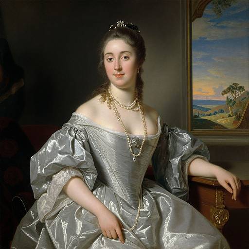 Photograph-style painting of a fair-skinned, 18th-century woman in a silver, off-shoulder satin gown with pearl necklace, seated