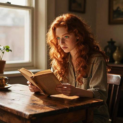 Photograph of a red-haired woman with green eyes, reading an old book in a sunlit, rustic room, wearing a beige shirt.
