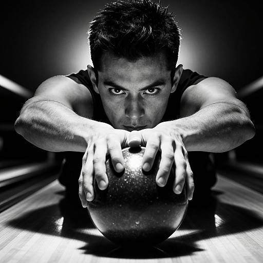 Black-and-white photograph of a muscular man with short dark hair, intensely focused, leaning forward, gripping a bowling ball on a glossy lane. High contrast