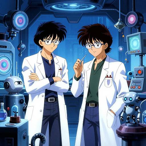Anime-style illustration of two male scientists in white lab coats, black shirts, and glasses, standing in a futuristic blue-lit lab.