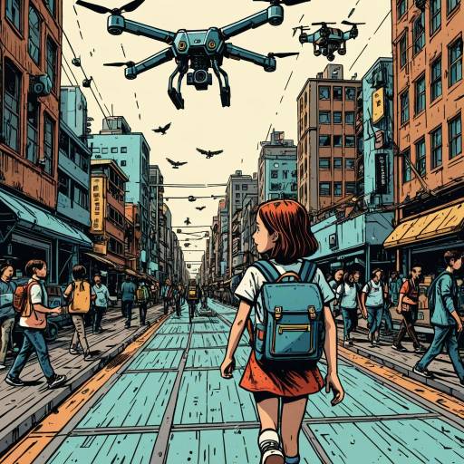 Cartoon Urban Scene with Young Android Girl and Drones