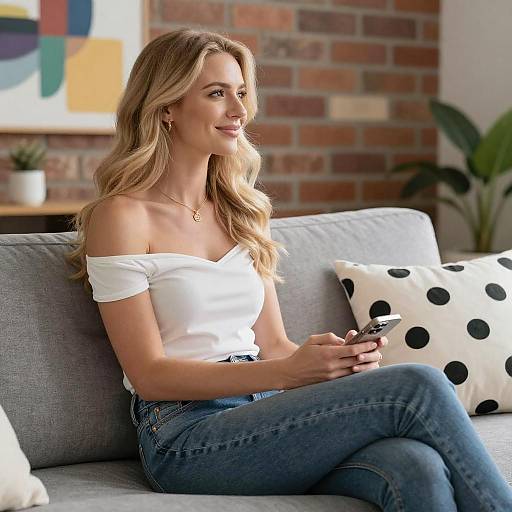 Blonde Woman Sitting on Gray Couch