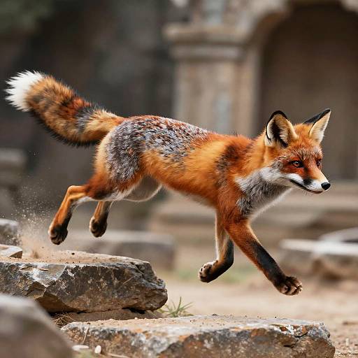 Mystical Fox-Cat Leaping Over Ruins