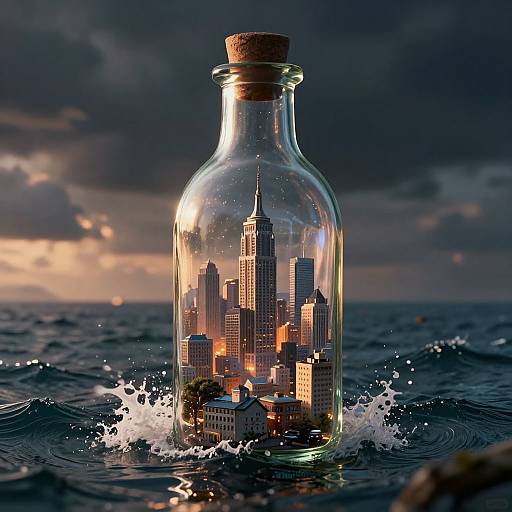 Photograph of a glass bottle containing a miniature, illuminated cityscape with skyscrapers, floating on dark, wavy ocean water under a dramatic,