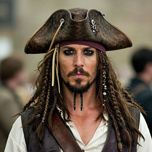 Photograph of a rugged, bearded man with long, braided hair, wearing a detailed, dark brown pirate hat and white shirt, with a