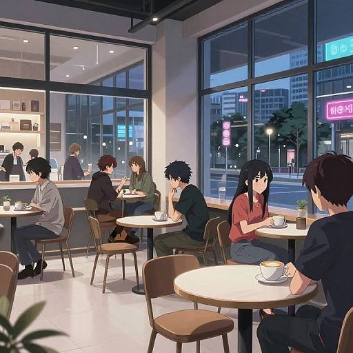 Digital anime-style illustration of a modern café at night, featuring six patrons of varying genders and hairstyles, sipping coffee, with large windows showing city lights