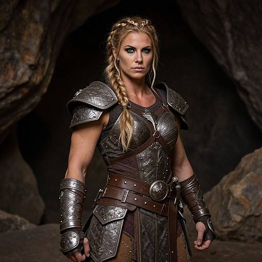 Photograph of a muscular blonde woman with braided hair, wearing silver medieval armor, standing in a dark cave entrance.