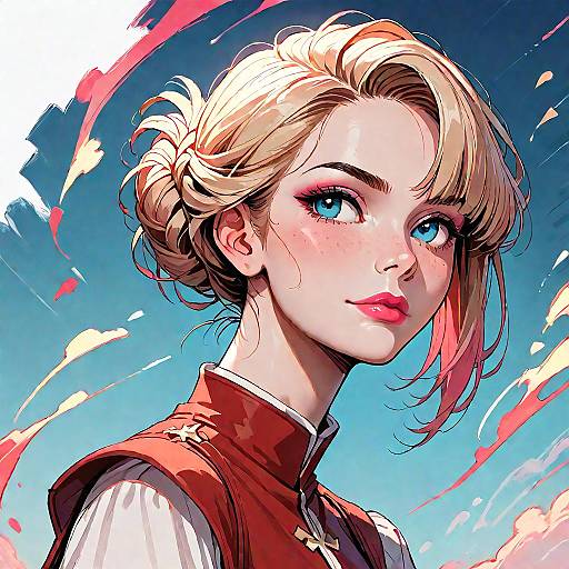 Digital anime-style portrait of a blonde woman with blue eyes, wearing a red vest, against a vibrant blue sky with white and red brushstroke accents.