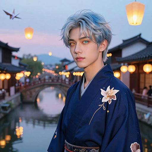Enchanting Young Man in Lantern-lit Canal
