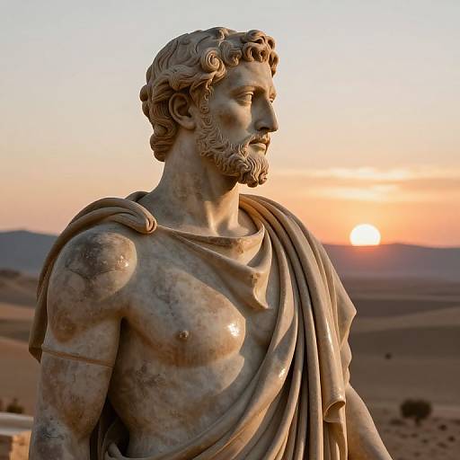 Photograph of a detailed, classical marble statue of a bearded male figure with wavy hair, draped in a cloth, set against a sunset over