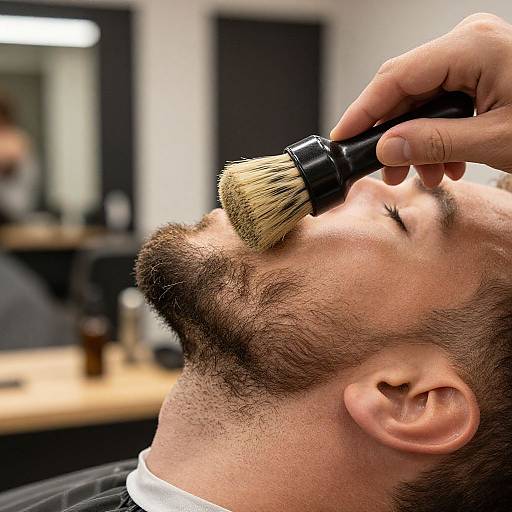 Close-up photograph of a bearded man with light skin receiving a beard trim with a brush in a modern barbershop.