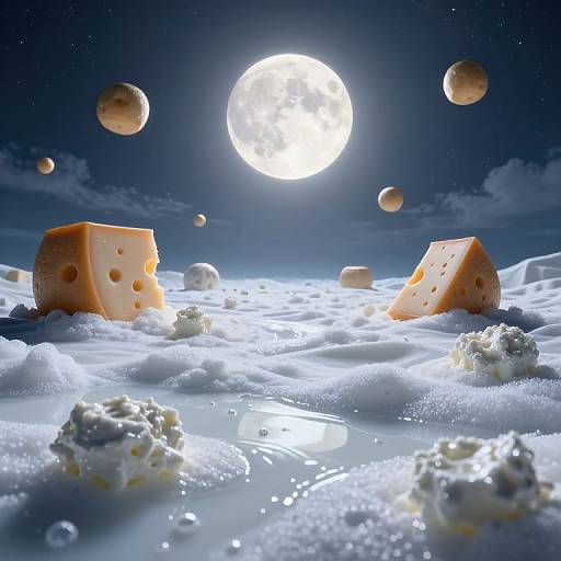 Photorealistic CGI: Moonlit night sky, floating cheese cubes, holes visible, amidst a snowy landscape with bubbles and cheese crumbles, glowing moon