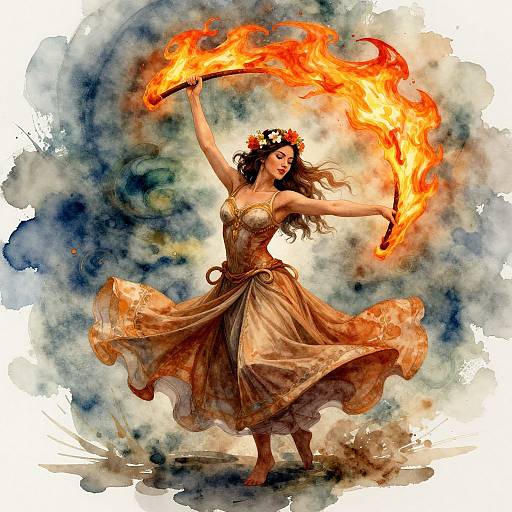 Digital artwork of a fiery, ethereal woman with long black hair, wearing a flowing brown dress and floral crown, conjuring flames with raised arms.