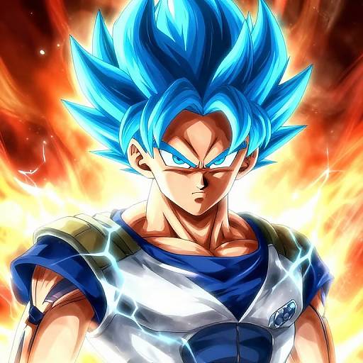 Digital artwork of intense, blue-spiked-haired, Super Saiyan Son Goku with glowing eyes and lightning effects, against a fiery, radiant background.