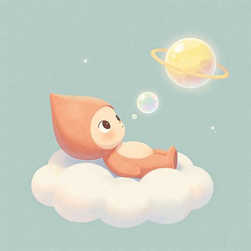 Whimsical Alien on Fluffy Pastel Cloud