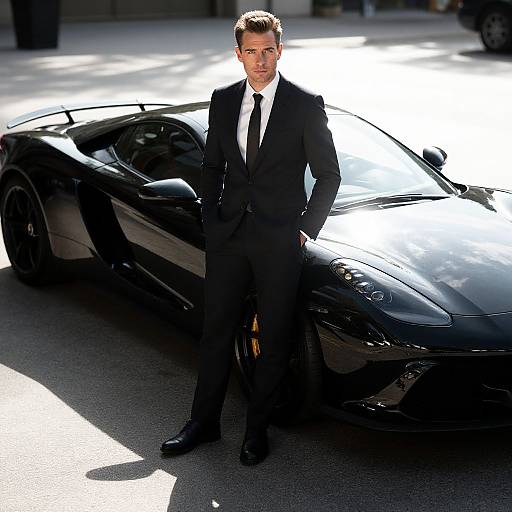 Photograph of a handsome man in a black suit and tie standing confidently beside a sleek, black sports car in bright sunlight.