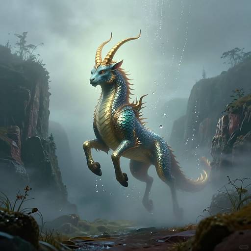 Digital fantasy artwork: a majestic, blue-scaled dragon with golden horns and underbelly, leaping in a misty, rocky canyon landscape.