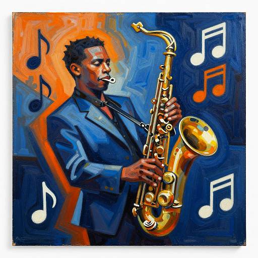 Vibrant digital painting of a black man in a blue suit playing a golden saxophone, with musical notes and an orange-blue background.