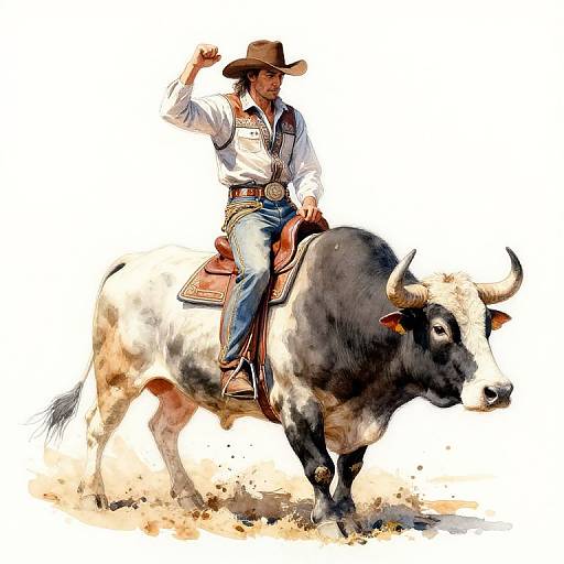 Colorful digital illustration of a cowboy in a brown hat, white shirt, and blue jeans riding a white and black bull. The cowboy raises his arm