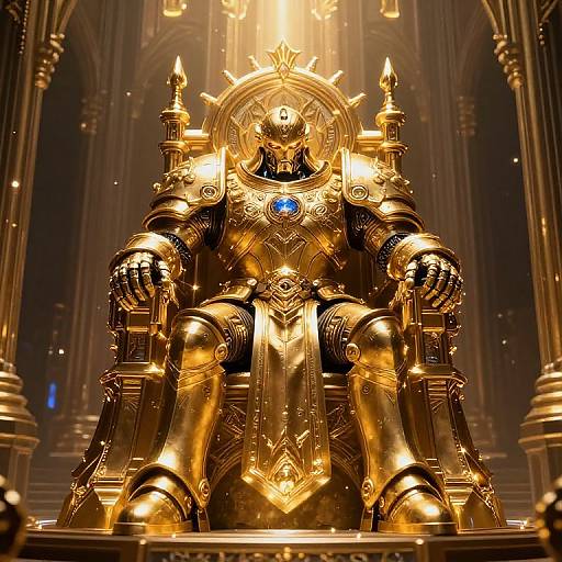 Photorealistic CGI of a regal, golden, armored figure with a blue gem on chest, seated on an ornate, throne-like chair in
