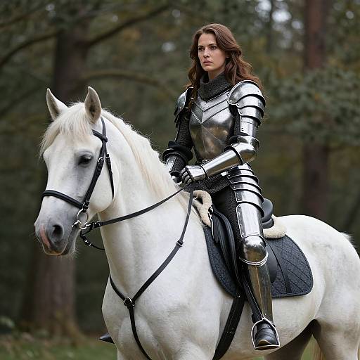 Photograph of a fair-skinned woman with wavy brown hair, wearing silver armor, riding a white horse in a forest.