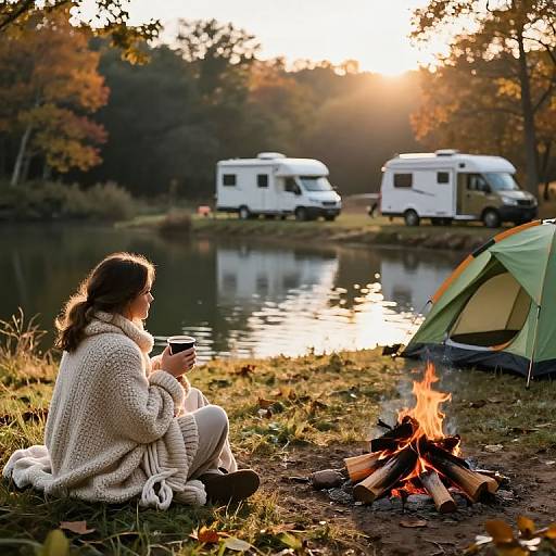 Photograph of a woman in a cozy white sweater sitting by a campfire, sipping tea, beside a green tent, with two RVs and