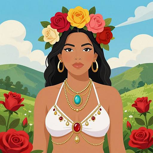 Digital illustration of a beautiful dark-skinned woman with long black hair, wearing a white bikini top adorned with jewels, gold necklaces, a turquoise gem