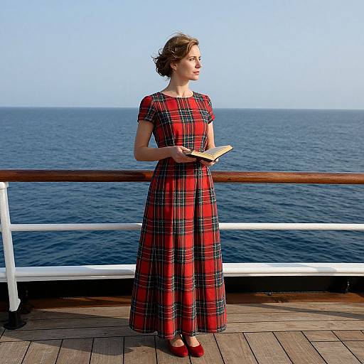 Woman in Tartan Dress on Ship Deck