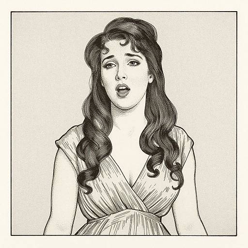 Black and white ink drawing of a surprised woman with long, wavy hair, wearing a deep V-neck dress, looking up with parted lips.
