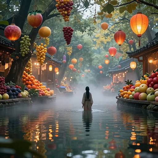 Photograph: Person with long hair stands in misty, illuminated, fruit-decorated pond, surrounded by glowing lanterns and colorful fruit, in