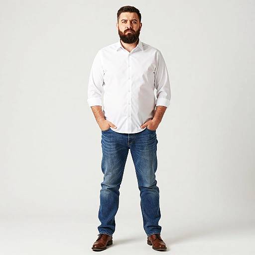 Photograph of a bearded man with dark hair, wearing a white button-up shirt, blue jeans, and brown shoes, standing with hands in pockets