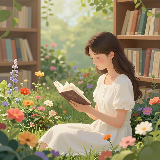 Digital illustration of a young woman with long, dark hair, wearing a white dress, reading a book amidst a vibrant, sunlit garden filled with colorful
